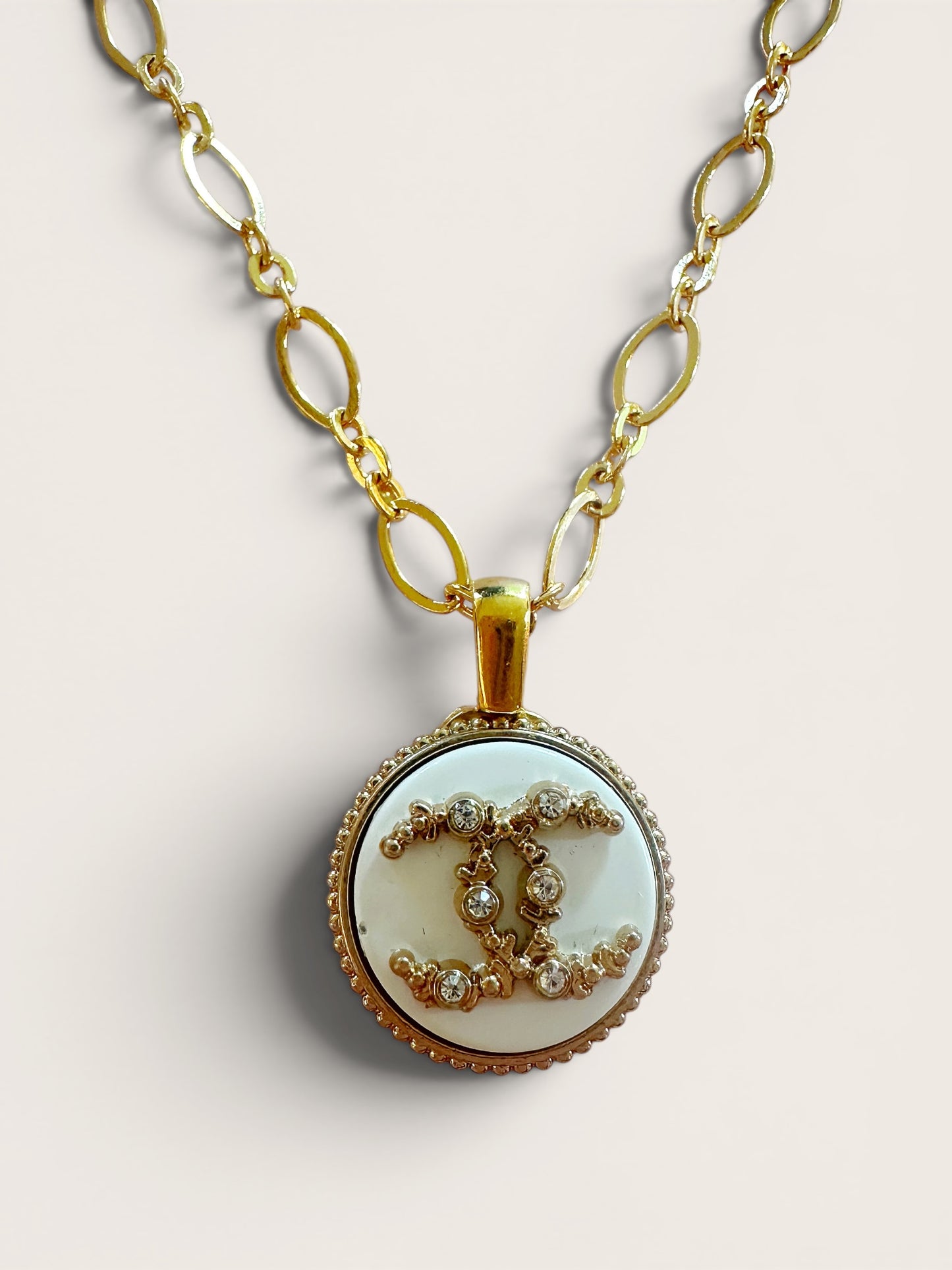 Chanel White & Gold Button Pendant with rhinestones (with or without chain)