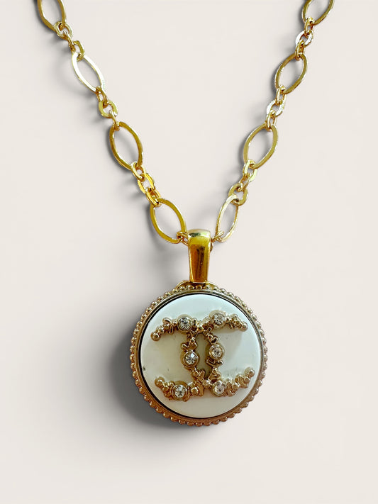 Chanel White & Gold Button Pendant with rhinestones (with or without chain)