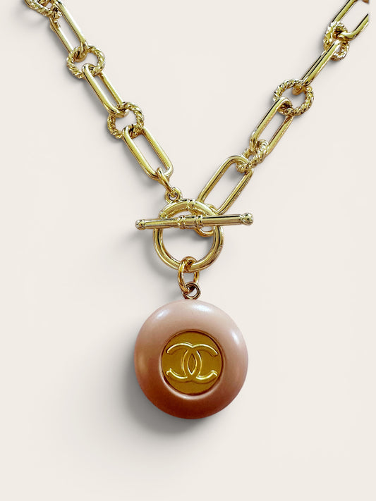 Chanel Pale Dusty Pink & Gold Button Pendant (with or without chain)