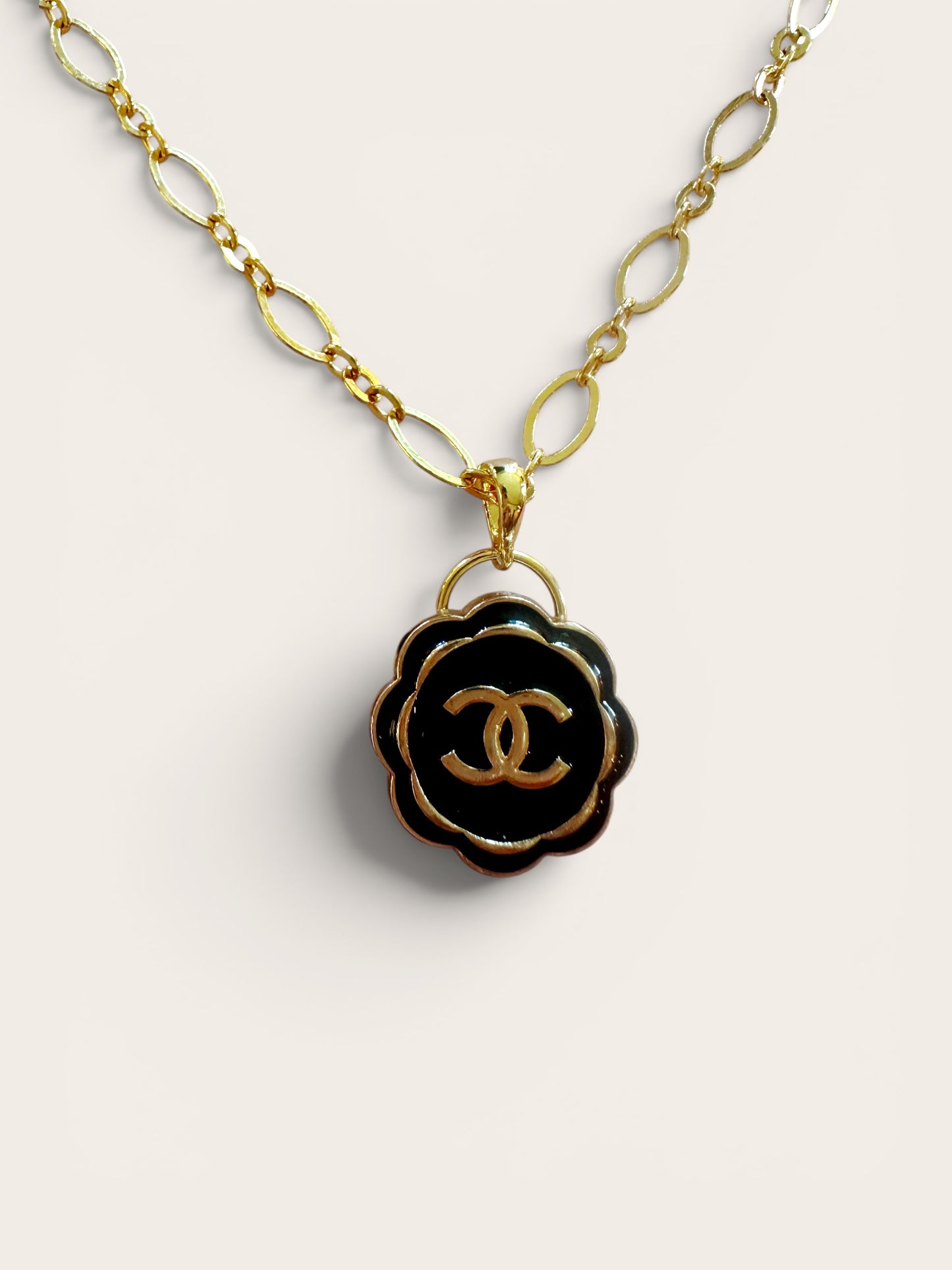 Chanel Small Black & Gold Scallop Button Pendant (with or without chain)