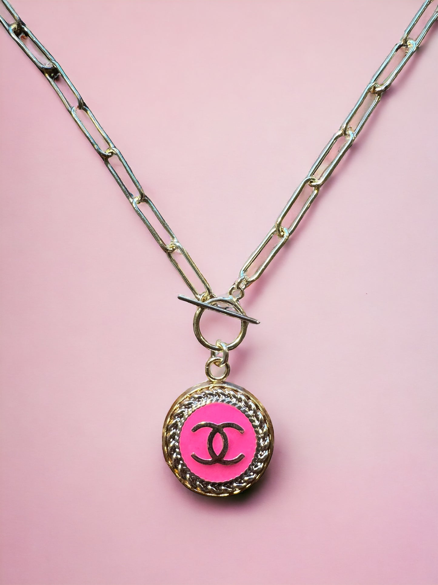 Luxury Designer Button Necklace Hot Pink and Gold w Gold Filled Chain.