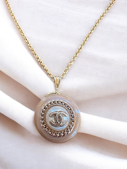 Luxury Designer Champagne on Gold Chanel Button Necklace w/ Gold Filled Chain