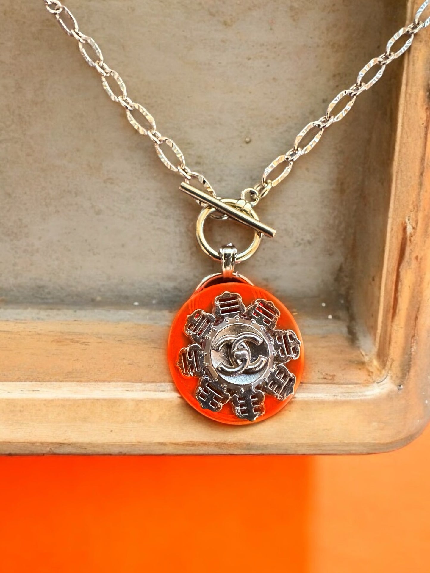 Vintage Designer Up-Cycled Fluorescent Orange Button Necklace