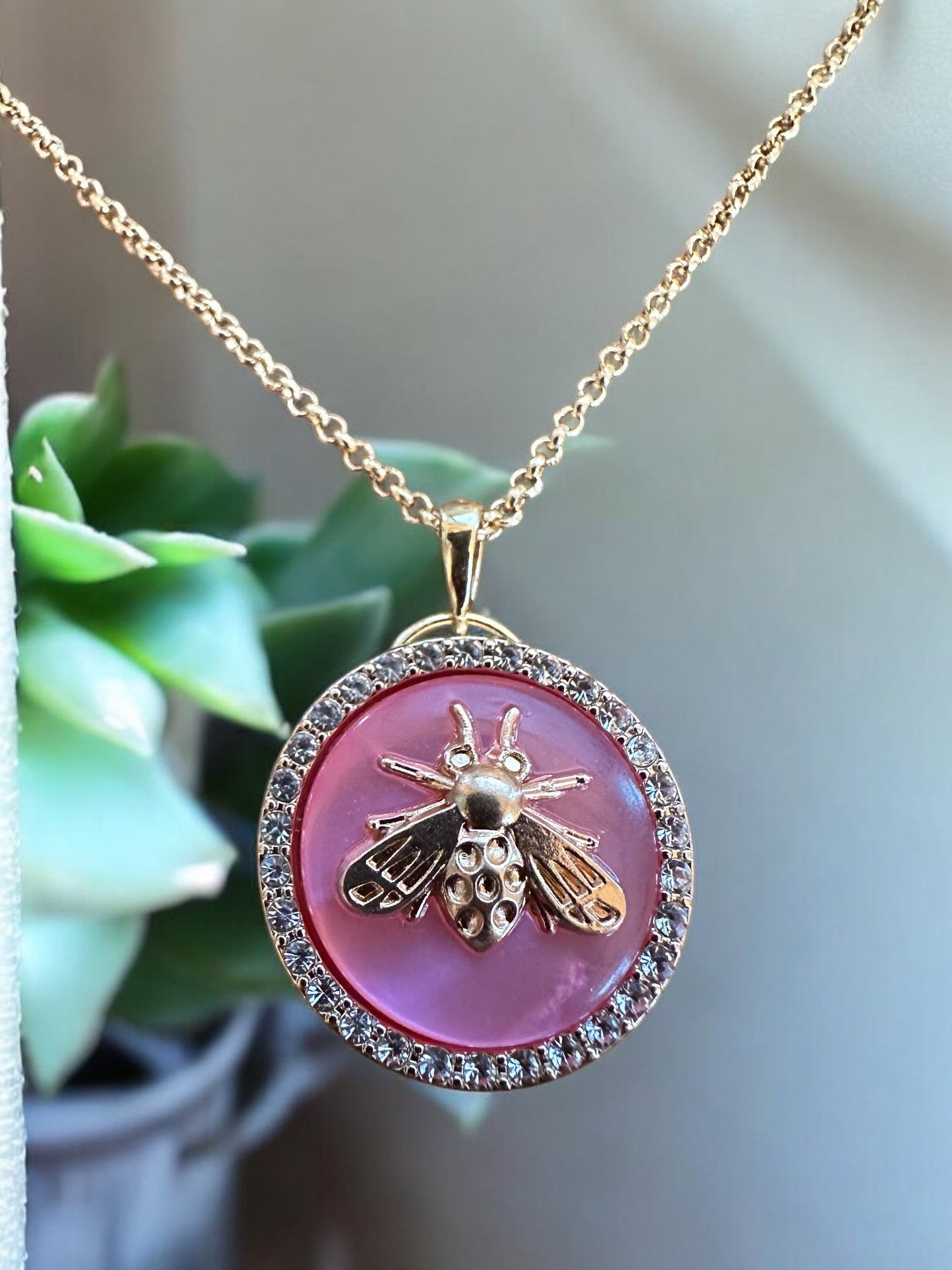 Vintage Designer Up-Cycled Pink Bee Button Necklace