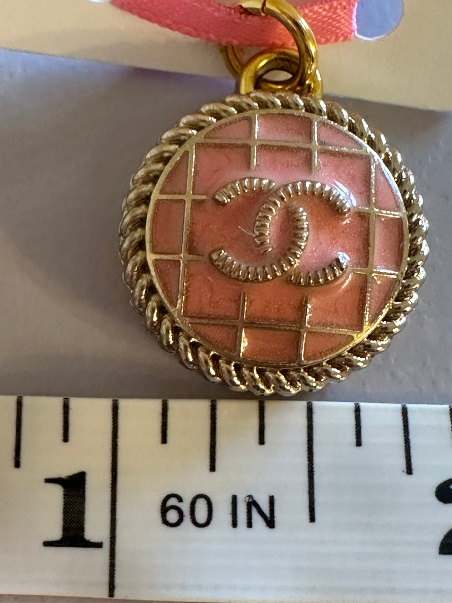 Chanel Salmon Pink Plaid Button Pendant (with or without chain)