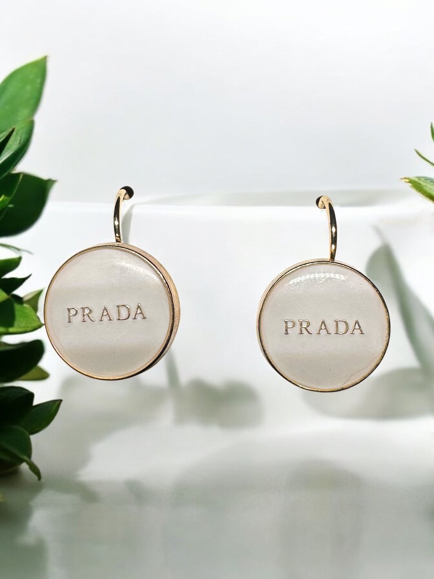 Vintage Designer Up-Cycled White and Gold leverback Prada Button Earrings