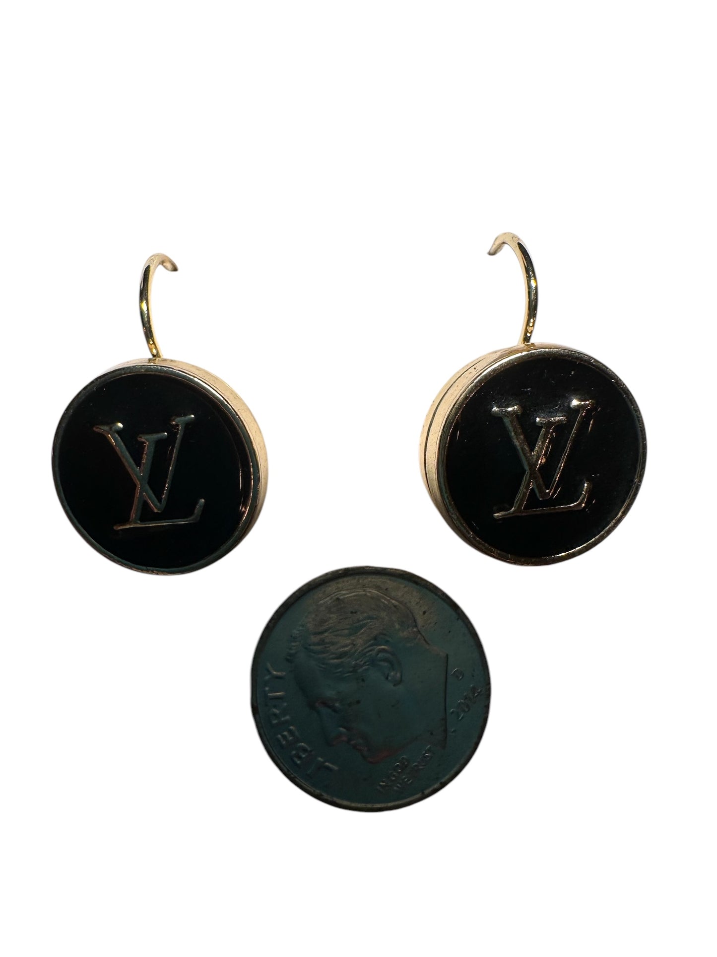 Vintage Designer Up-Cycled leverback LV Black and Gold Button Earrings