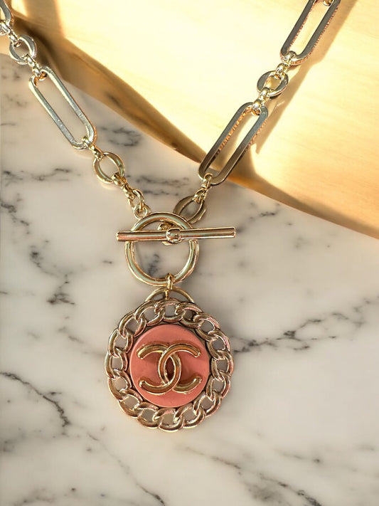 Vintage Designer Up-Cycled Peachy Pink CC Button Necklace