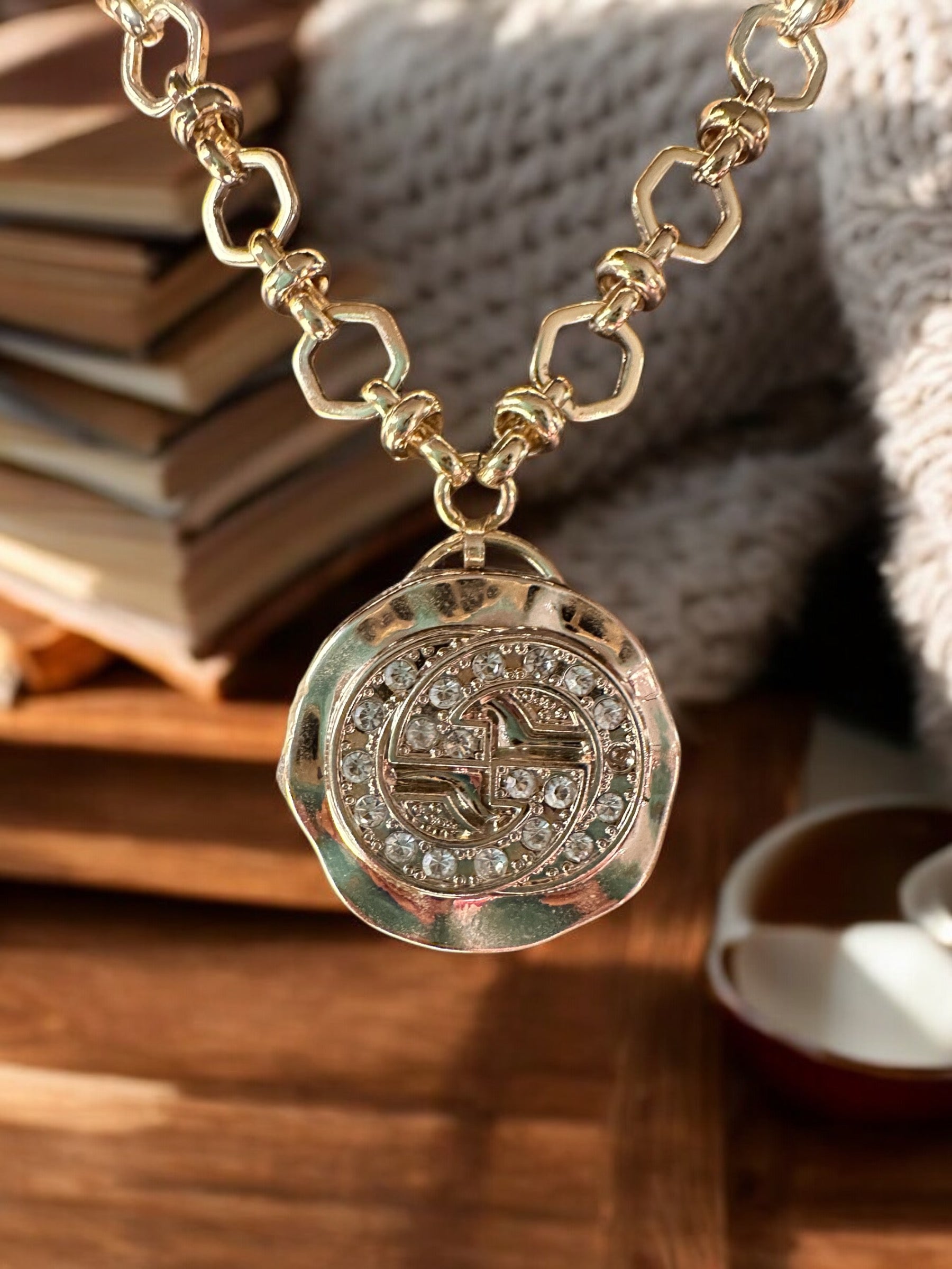 Luxury Designer Button Necklace Gold and Rhinestone with Gold Filled Chain