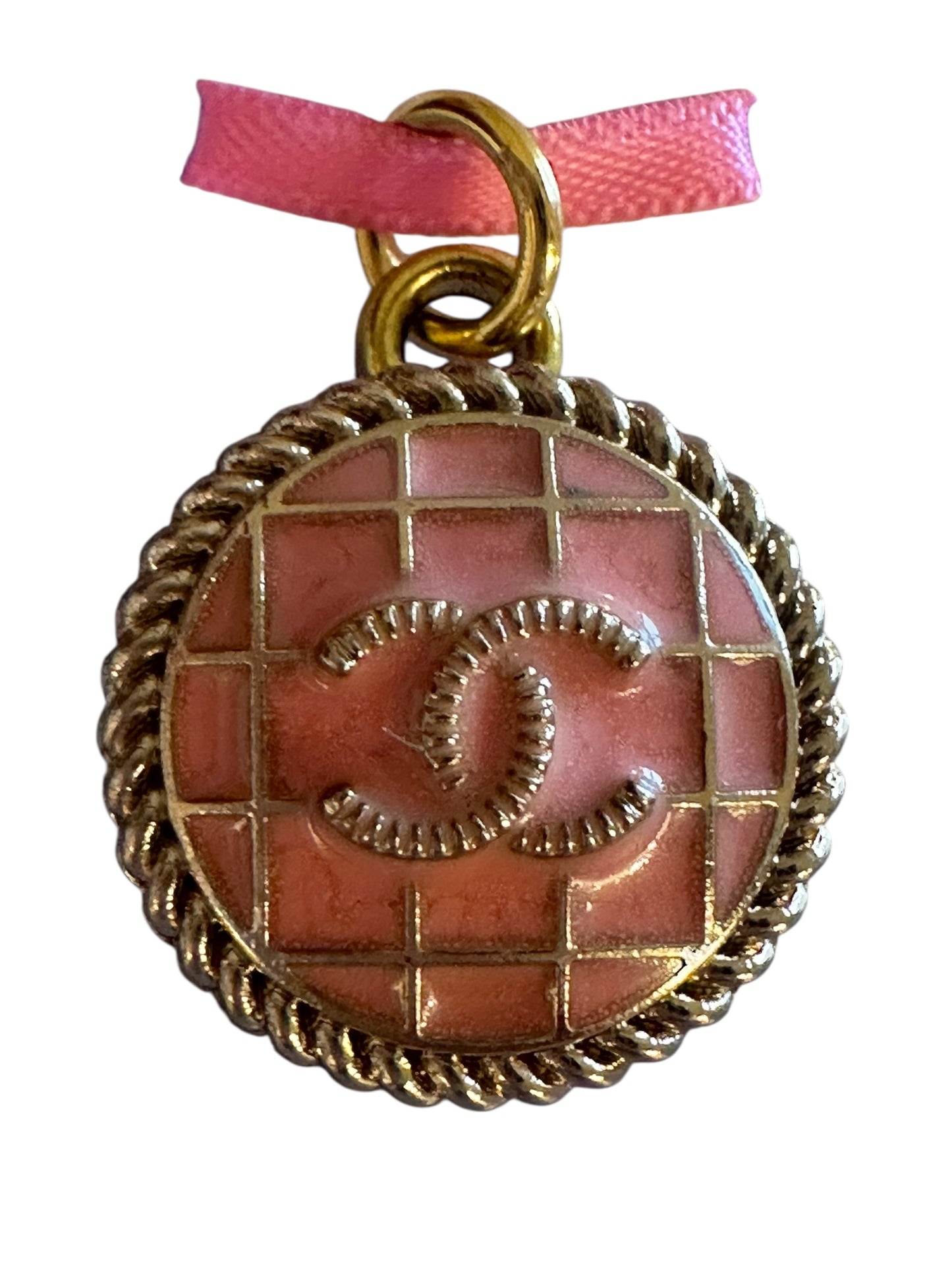Chanel Salmon Pink Plaid Button Pendant (with or without chain)