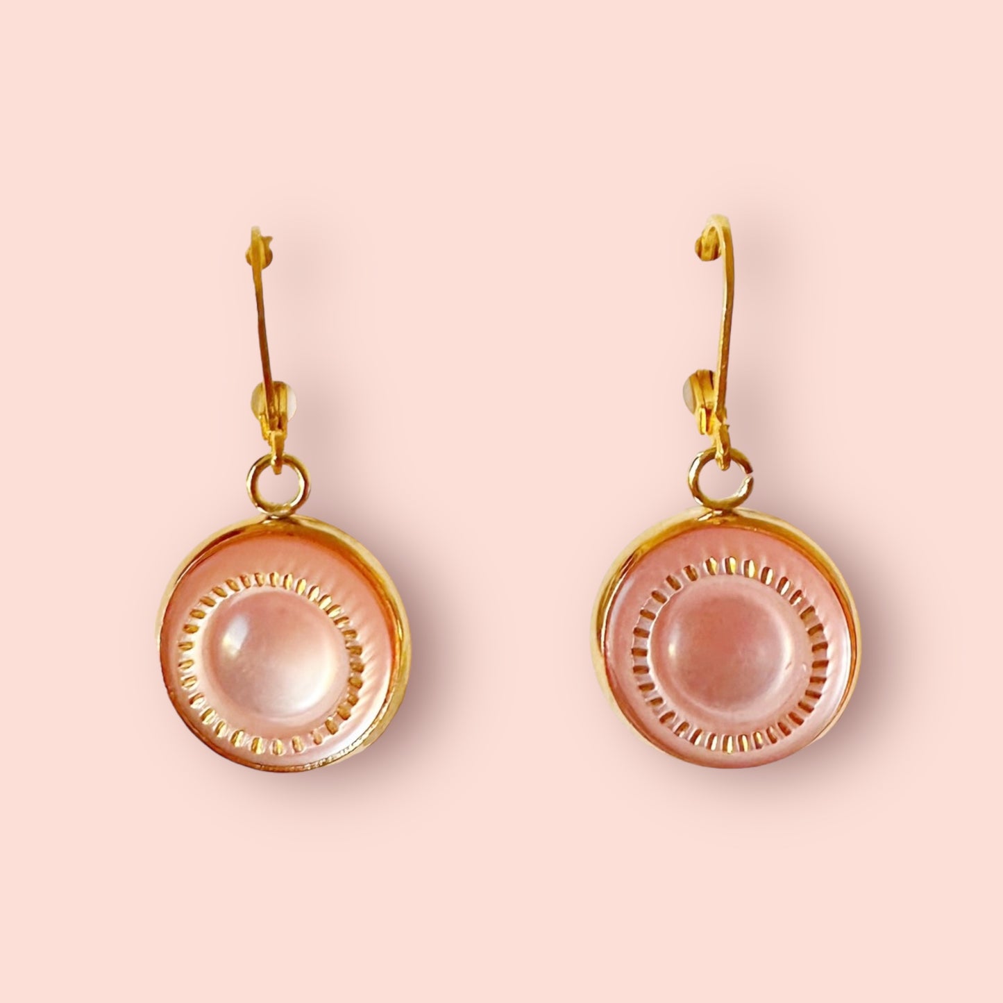 Pink and Gold Up-cycled Frenchback Button Statement Earrings