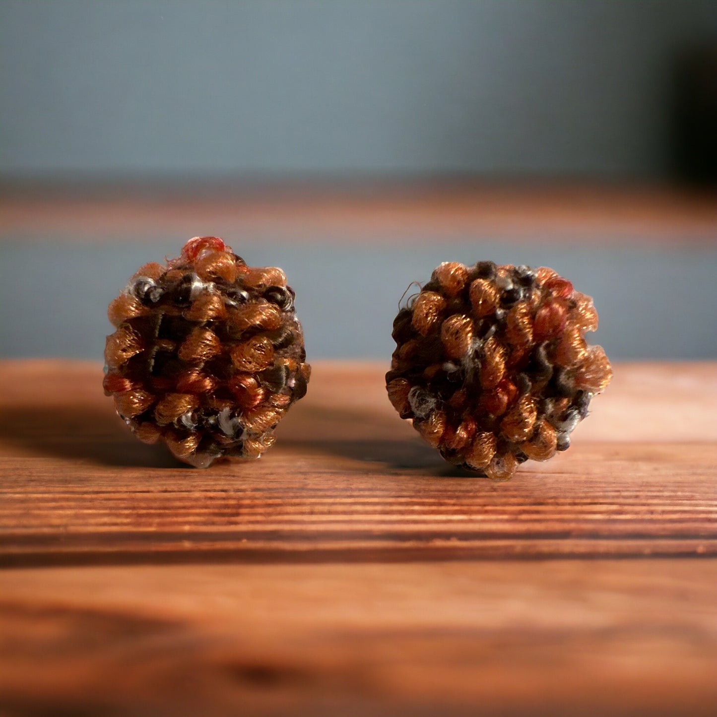 Orange and Brown Calico Fuzzy Vintage Couch Button Earrings