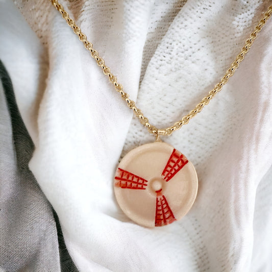 PALE Pink & Red Windmill Czech Glass Button Necklace