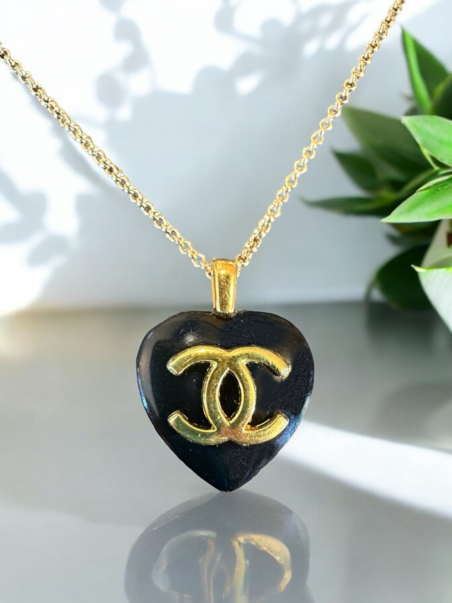 Vintage Designer Up-Cycled Black and Gold Heart Button Necklace