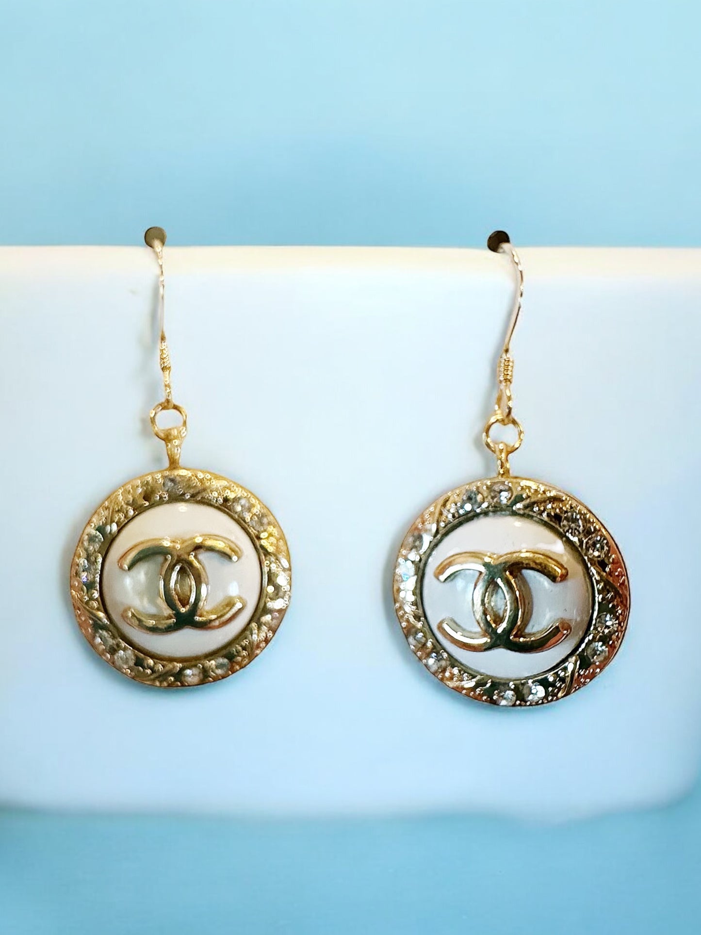 Vintage Designer Up-Cycled White, Rhinestone and Gold Button Earrings