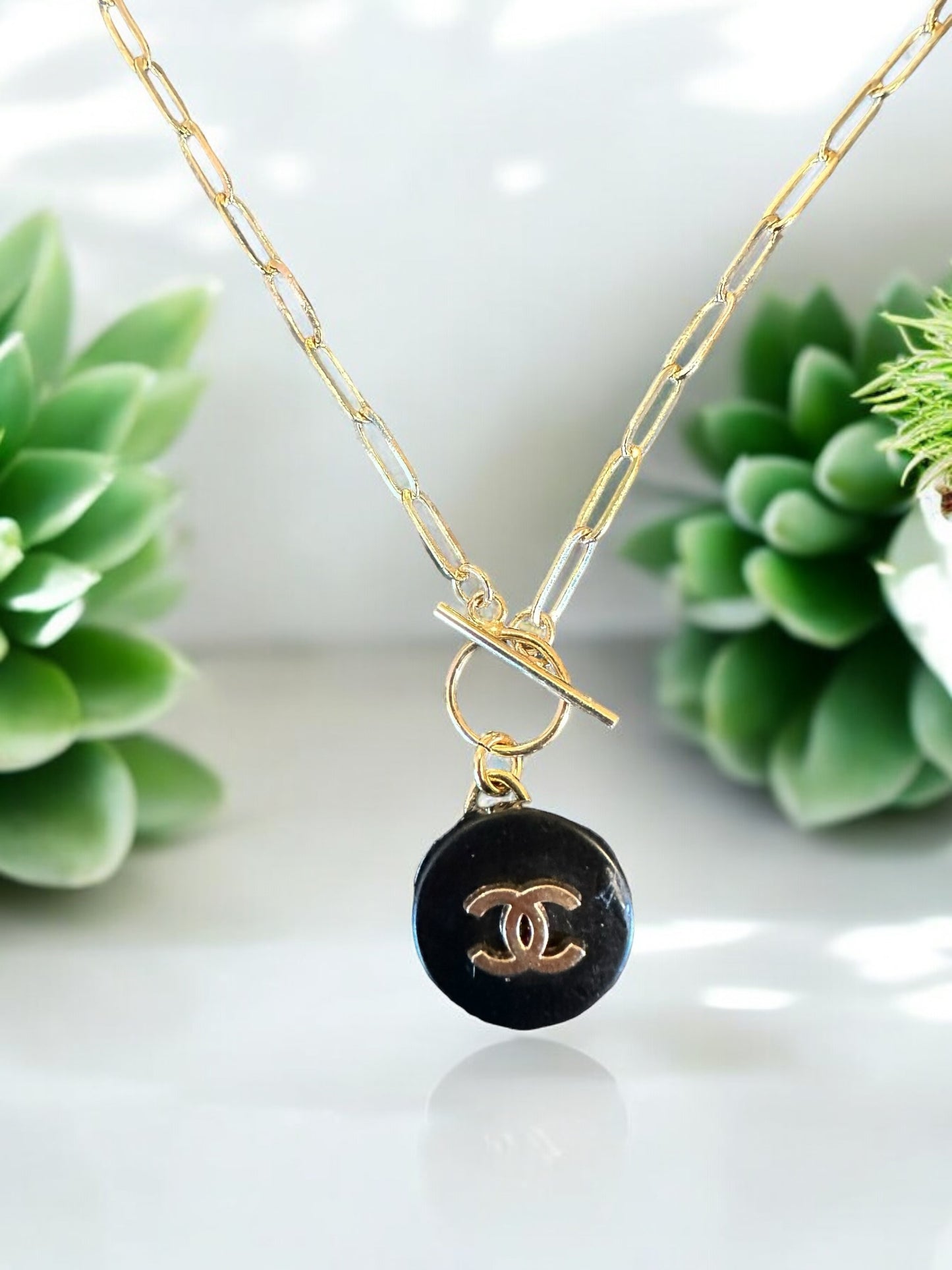 Classic Vintage Designer Up-Cycled Black and Gold Button Necklace with Toggle