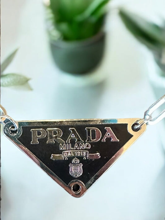 Vintage Designer Up-Cycled Black and Silver Prada Necklace