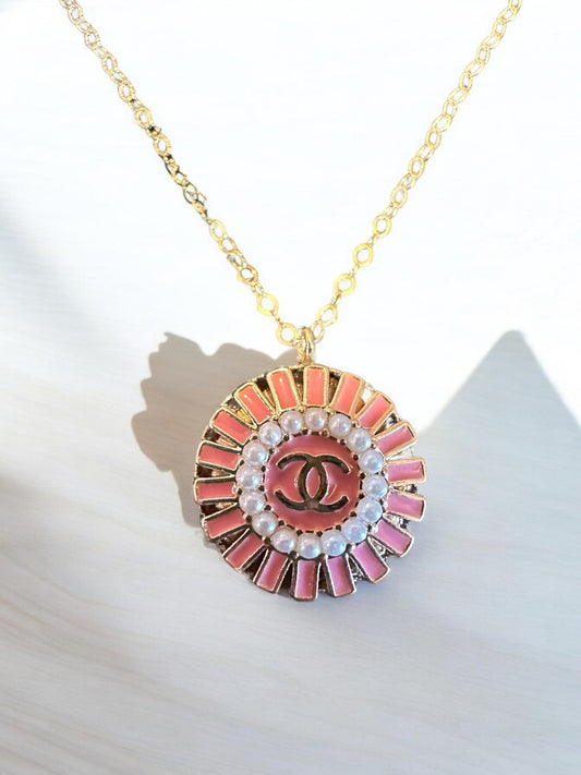 Luxury Designer Button Necklace - Pink, Gold, and Pearl with Gold Filled Chain.