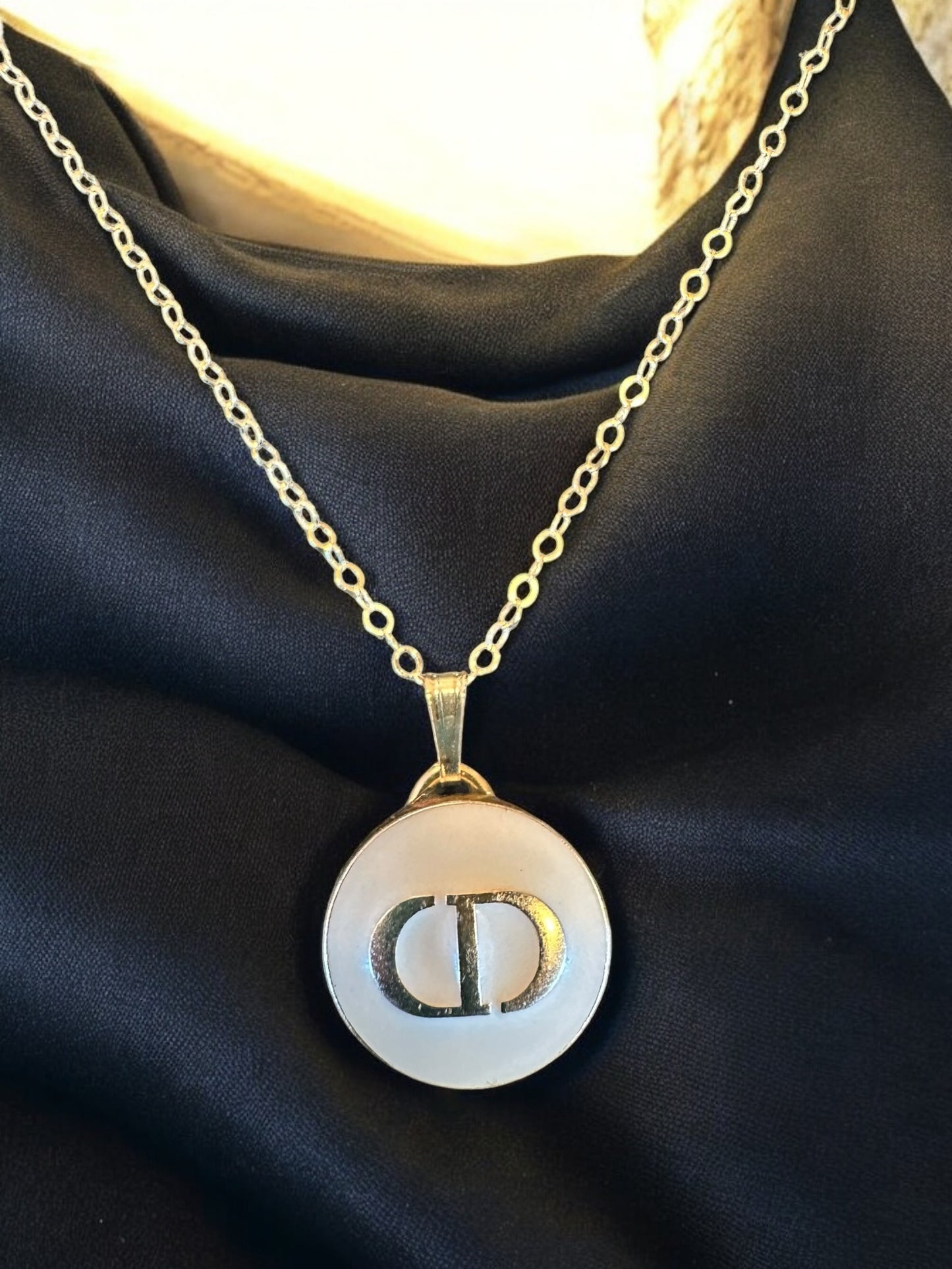 Vintage Designer Up-Cycled White and Gold Christian Dior Button Necklace