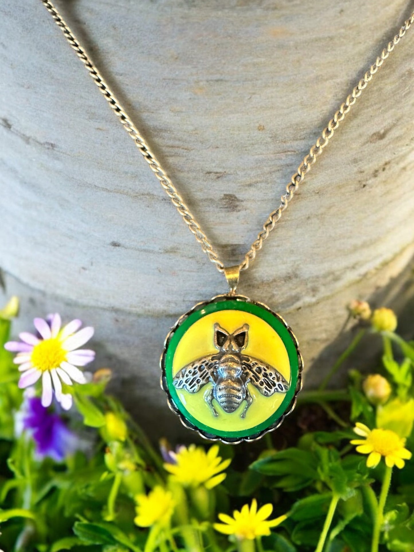 Yellow and Green Gucci Bee Button Necklace