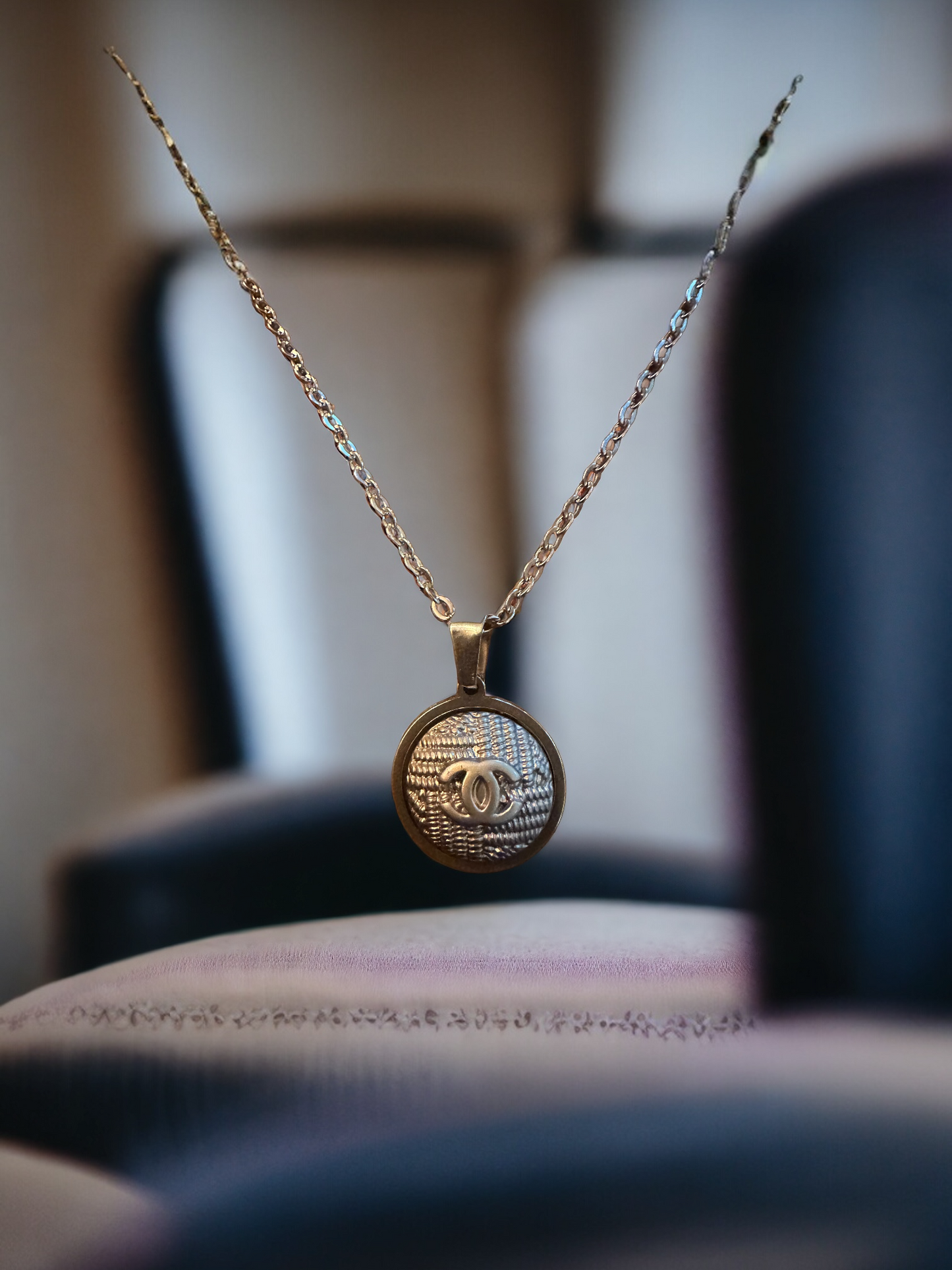 Luxury Designer Button Necklace w/ Sterling Silver Chain.