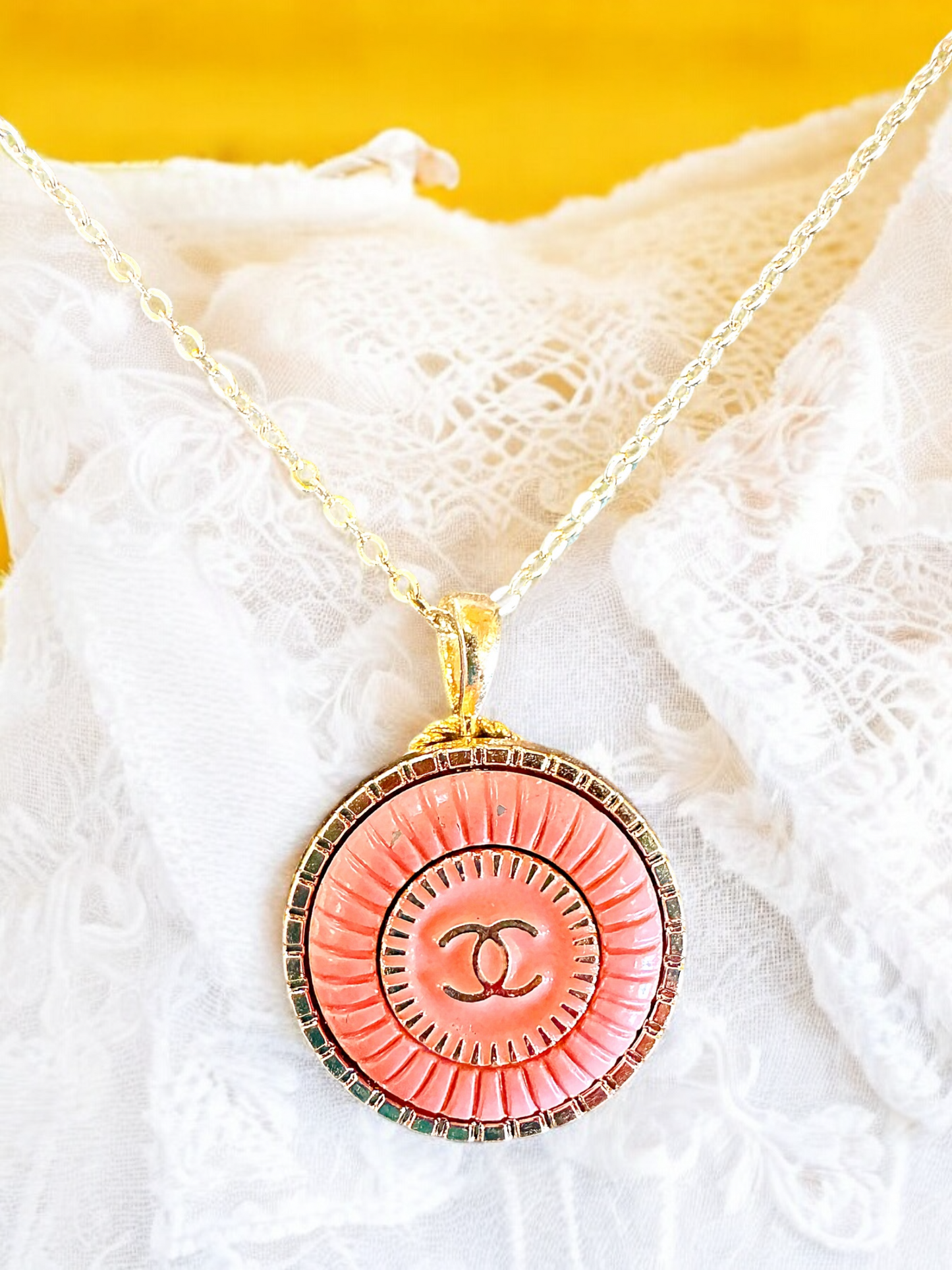 Luxury Designer Button Necklace Salmon and Gold w Gold Filled Chain. 2 variations available