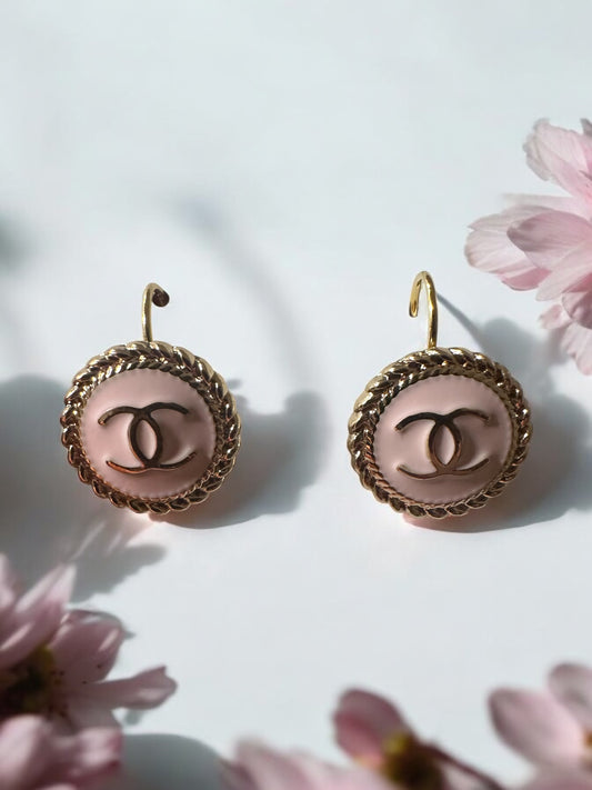 Vintage Designer Up-Cycled Soft Sweet Pink and Gold Lever-back Button Earrings