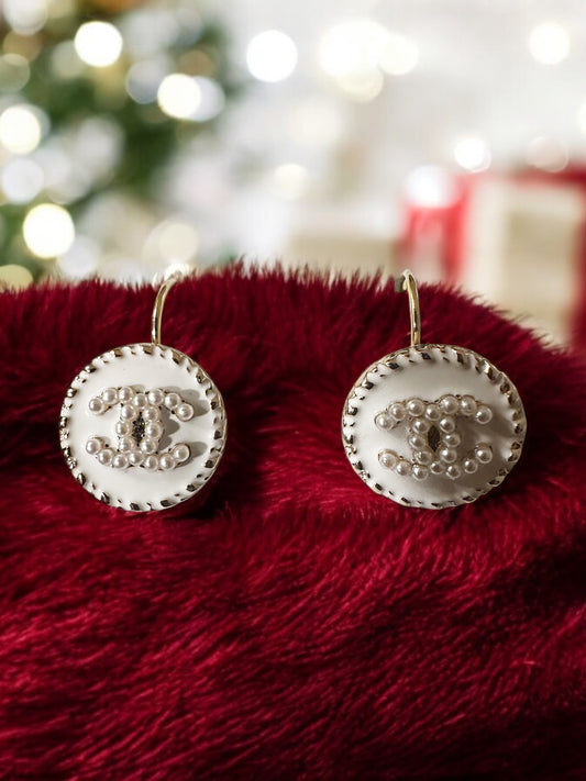 Vintage Designer Up-Cycled White & Pearl Lever-back Button Earrings