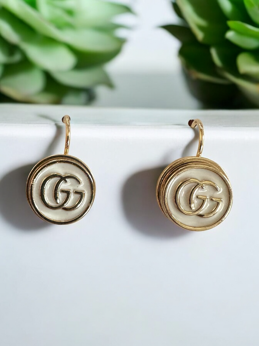 Vintage Designer Up-Cycled White and Gold Leverback Gucci Button Earrings