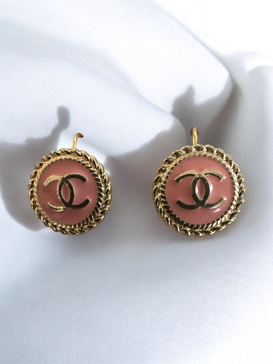 Vintage Designer Up-Cycled Salmon and Gold Chanel Lever-back Button Earrings