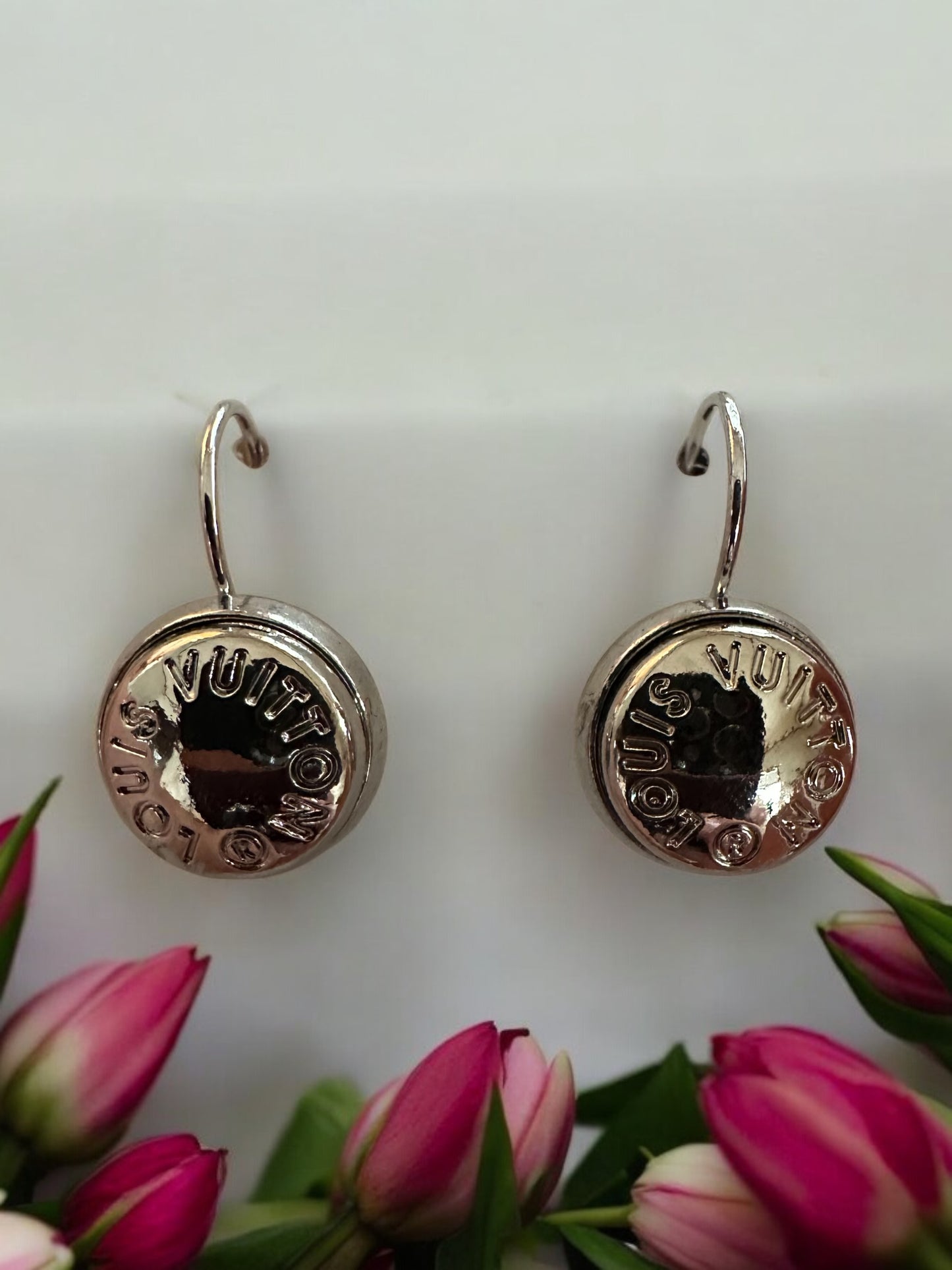 Vintage Designer Up-Cycled LV lever-back Silver Button Earrings