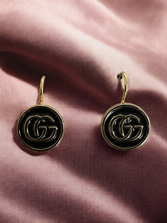 Vintage Designer Up-Cycled Black and Gold Lever-back Gucci Button Earrings