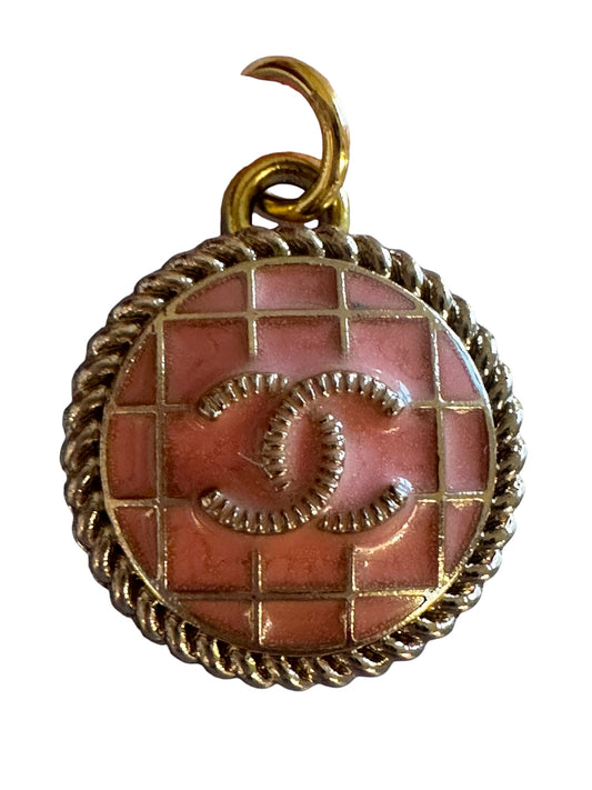 Chanel Salmon Pink Plaid Button Pendant (with or without chain)